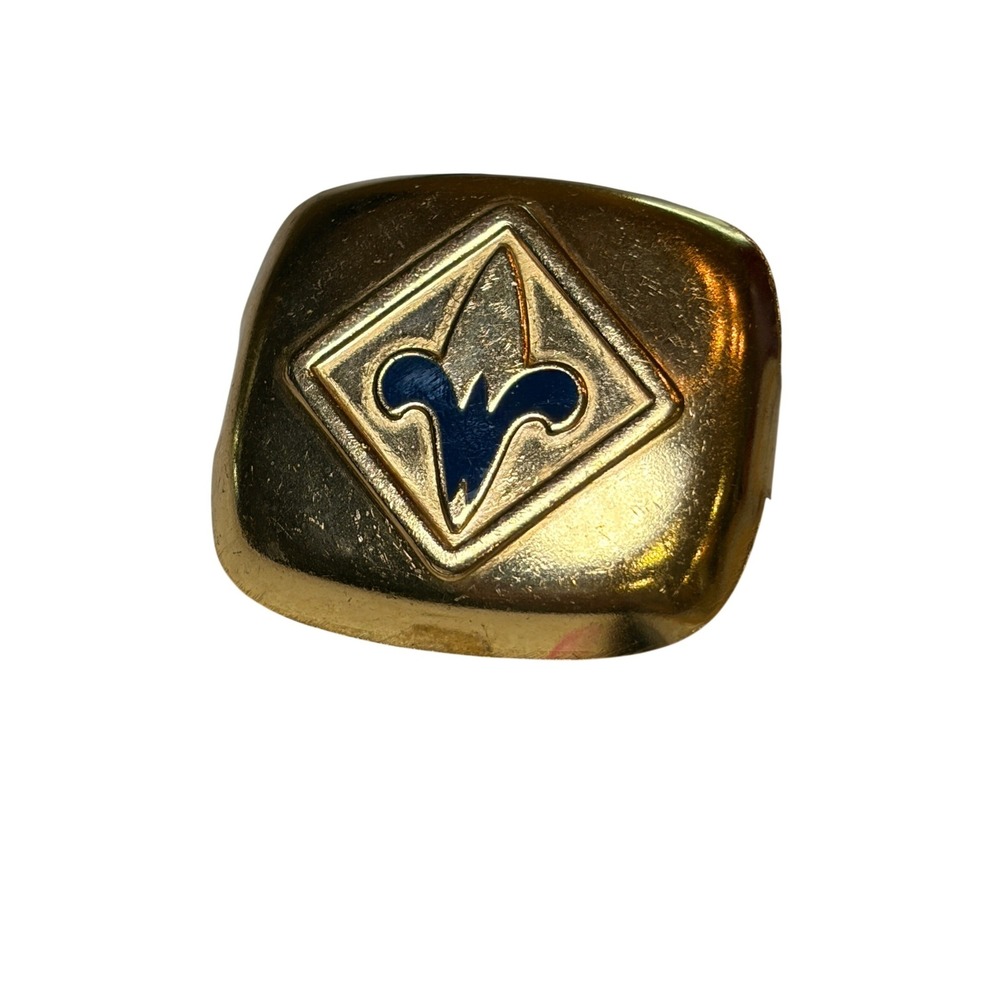 Vintage Girl Scouts Brownie Scarf Slide Gold Tone Blue Trefoil Neckerchief Ring